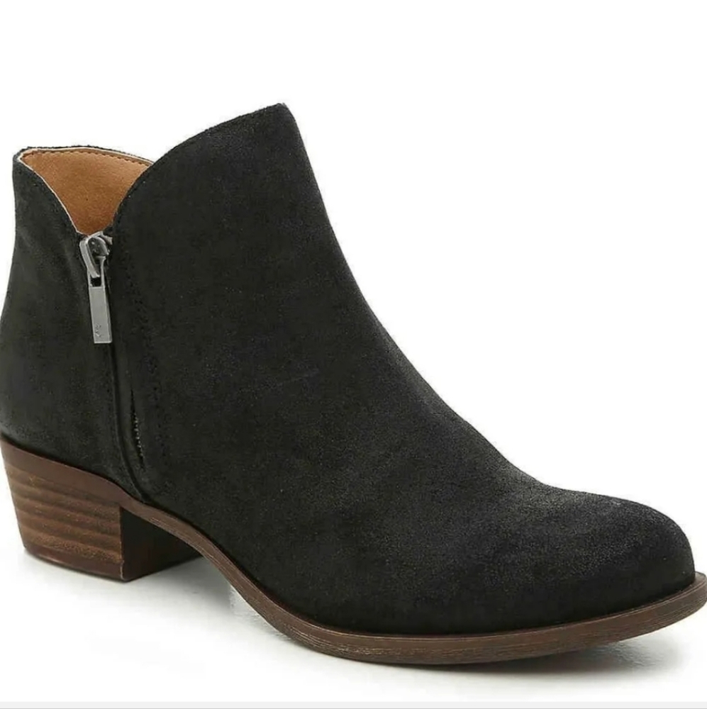 Lucky Brand LP Barough Black Suede Leather Ankle Zip Booties.